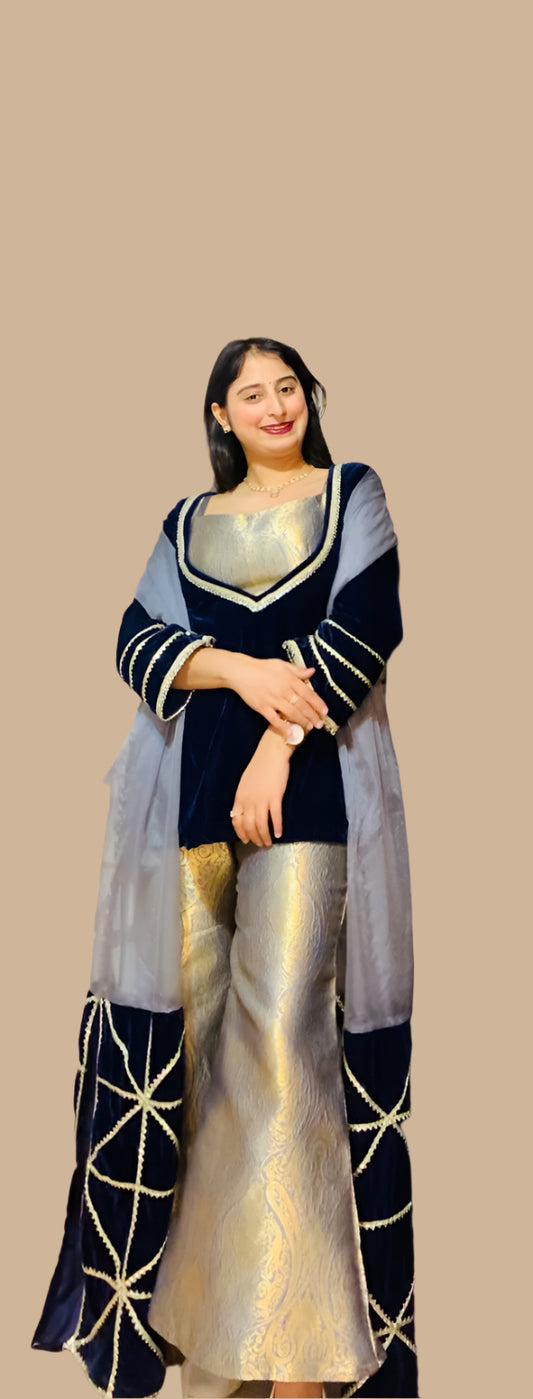 Honey Velvet- Pure Banarsi Brocade Duo (Shade- Grey & Blue)